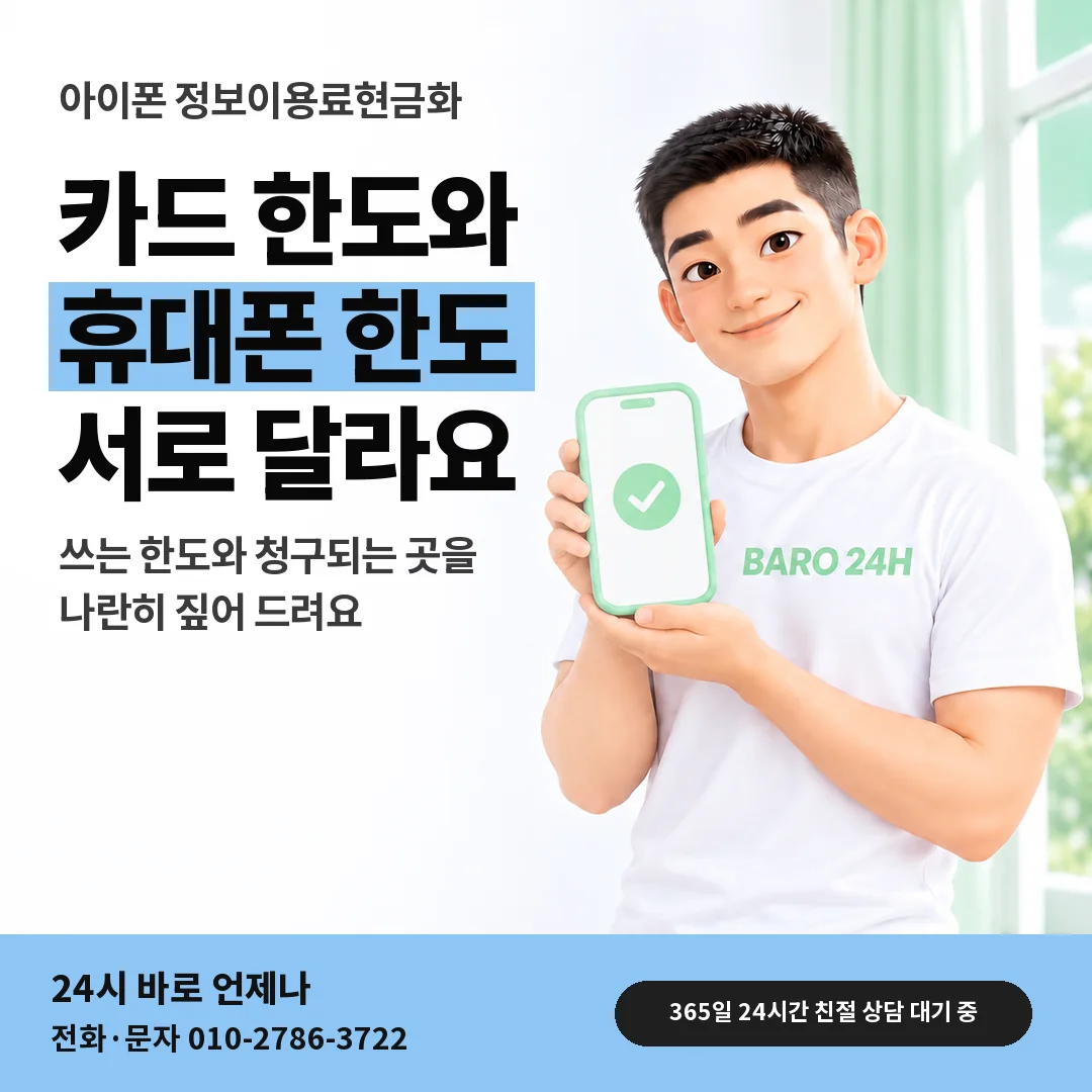 휴대폰을 든 BARO 24H 티셔츠를 입은 3D 인물 옆에 「아이폰 카드깡과 휴대폰 결제」 제목을 얹은 안내 카드