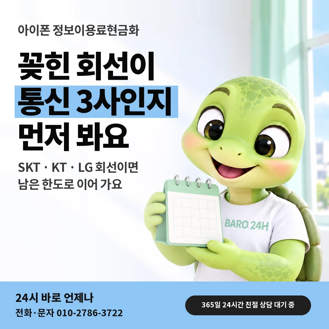 달력을 든 BARO 24H 티셔츠를 입은 3D 거북이 캐릭터 옆에 「아이폰 통신 3사 회선 확인」 제목을 얹은 안내 카드