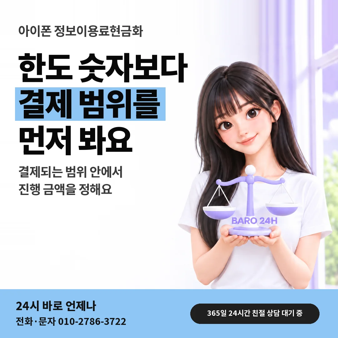 저울을 든 BARO 24H 티셔츠를 입은 3D 인물 옆에 「아이폰 결제되는 범위 확인」 제목을 얹은 안내 카드